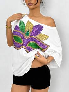 Áo thun nữ tay ngắn trễ vai in hình mặt nạ lễ hội, kiểu dáng rộng rãi, thích hợp cho các bữa tiệc ngày lễ và mặc thường ngày. - Nhiều màu - Xem 4