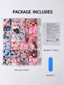 576片（24种混色）短款椭圆形豹纹、波点、条纹和星形图案法式亚克力美甲贴片，完美贴合短指甲，套装包含：4片果冻胶和2把指甲锉。短指甲美甲让您的指尖闪耀动人，适合派对、跳舞和日常使用。美甲用品 - 彩色 - 查看 4