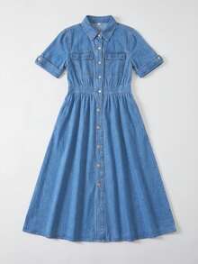 Women's High Waisted Denim Shirt Dress - Short Sleeve Button Front Midi Dress Soho Minimalist Aesthetic - Rửa trung bình - Xem 3
