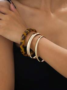 1pc/3pcs Set Fashionable Geometric Leopard Print Metal Bangle Bracelet Set For Women - Yellow Gold - View 1