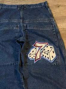 Slim-Fit Street Hip-Hop Jeans With Lucky Dice Print For Men, Casual And Loose Straight-Leg Pants - Blue - View 2