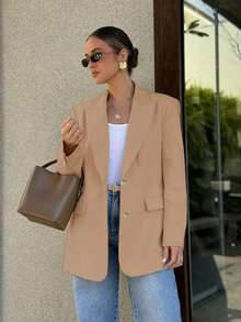 Women's Fashionable & Elegant Casual Blazer Jacket With Button Closure And Notched Lapel, Suitable For Commuting And Everyday Casual Wear - Khaki - View 4