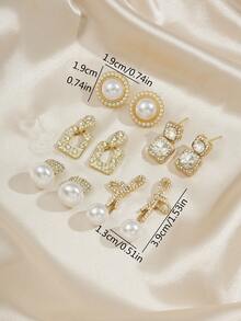 5对简约水钻几何蝴蝶结仿珍珠耳环，优雅法式设计耳环套装，适合女士日常及节日佩戴