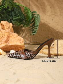 9cm Pointed Toe High Heel Sandals For Women, Elegant Thin Stiletto Single Strap Metal Round Buckle Decor Slip-On Sexy Leopard Print Kitten Heel Shoes, Versatile For Daily, Party, Wedding, Valentine's Day, Office - Leopard - View 5