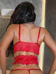 5pcs/Set Lace Wireless Lingerie Set Womencrotchless Lingerie Valentinecrotchless Lingerie Valentine - 紅色 - 查看 3