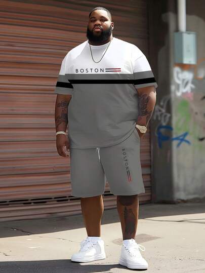 2 piezas Conjunto de talla grande BOSTON a rayas gris y blanco, ropa casual estadounidense de calle, camiseta de manga corta + pantalones cortos, conjunto holgado para el verano