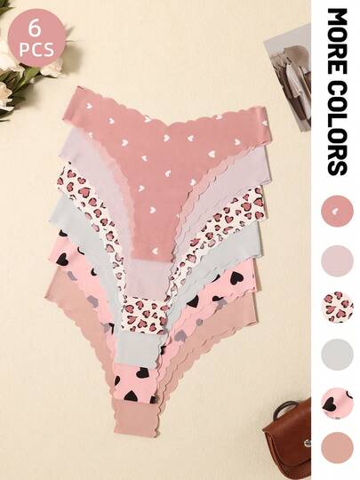 6条/包 心形纯色无缝内裤，波浪边设计，柔软舒适亲肤面料 女士内衣