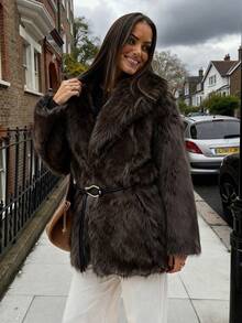 女士冬季仿皮草外套，棕色保暖蓬松夹克，时尚翻领长袖人造皮草外套，女士腰带休闲宽松外套 - 棕色 - 查看 6