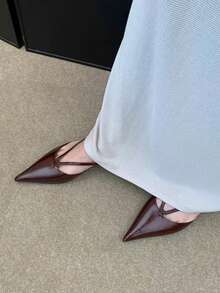 女士尖头凉鞋 - 舒适低跟，夏季PU鞋面和橡胶鞋底，百搭黑色休闲正装鞋款，厚底设计，优雅廓形，轻便，适合办公穿着 - 酒紅色 - 查看 4