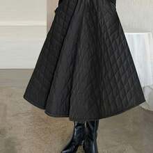 Women's Winter Thermal A-Line Maxi Skirt With Quilted Paneling - Elastic-Free Structured Fit & Waist-Cinching Belt, Machine Washable Solid Black Skirt For, Formal Events, Parties - Non-Stretch Elegant -Length Skirt (No - 黑色 - 查看 1