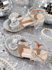 1 Pair Girls' Dreamy Crystal Chunky Heel Sandals, Round Toe Open Toe, Silver Glitter Princess Style High Heels With Bow & Rhinestone, Suitable For Parties, Gatherings, Performances - Silver - View 5