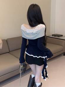 撞色条纹蕾丝拼接Y2K风格二合一长袖T恤，露肩设计，简约风格，春季款 - 藏蓝色 - 查看 6