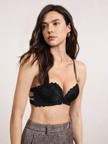 女士黑色性感隐形胸罩，前扣式低胸聚拢露背胸罩，内衣 - 黑色 - 查看 5