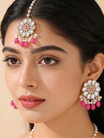 Elegant Bollywood Style Jewelry Set Crystal Splicing Flowers Hair Chain,Handmade Beads With Faux Pearls Tassel Pendant Earrings For Women's Festival,Wedding,Daily Wear,Ramadan Accessories Gifts