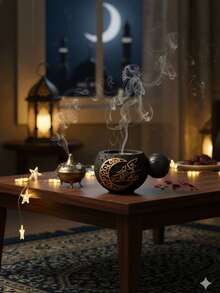 1 Buah/Set Pembakar Dupa Bertekstur Retro dengan Elemen Islami. Terbuat dari keramik buram dan dihiasi manik-manik kayu imitasi, pembakar bakhoor ini memiliki gaya vintage dan elegan dengan bentuk bulat dan berisi. Detailnya meliputi pola bulan sabit berongga emas dan desain kaligrafi Arab. - MultiWarna - View 7