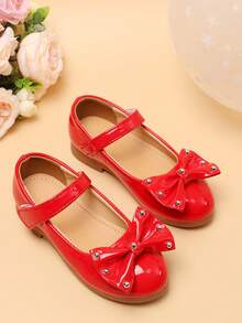 1 Pair Girls' Comfortable Versatile Flat Shoes With Bow, Rivet, Hook And Loop, Princess Shoes, Shoes - Red - View 3