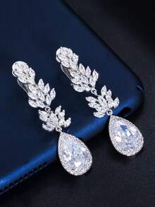 1 Pair Clip On Bridal Long Drop Non Pierced Earrings Silver Plated Cubic Zirconia Wedding Jewelry For Women Brides Bridesmaids Engagement Pageant Party - White - View 8