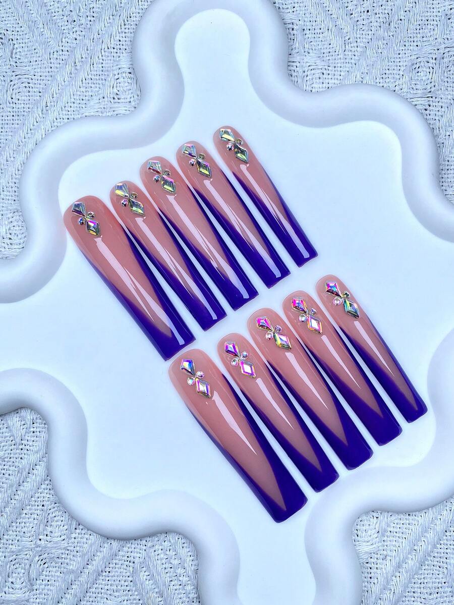 10pcs Y2K Extra Long French Press On Nails Full Coverage Fake Nail Handmade Press On Nails With 3D Shiny Water DiamondDecor ,Perfect For Weddings, Parties, Valentine's Day, Birthdays, Christmas Gifts,Supremely Fit, Reusable Nail Art,1pc Jelly Gel/1pc Mini Rubbing Strips ,Detachable Press On Nails Set,Suitable For Ladies And Girls For Holiday Parties And Daily Wear,Nail Products ﻿ ﻿ Nail Supplies - Multicolor - View 1