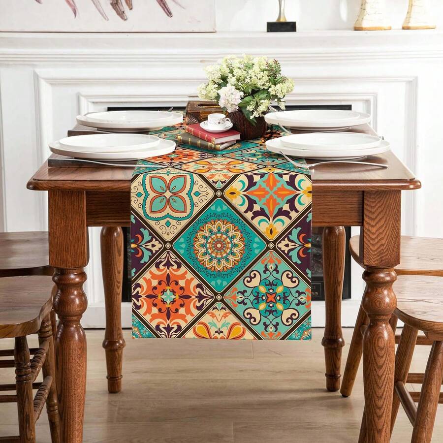 1PC Bohemian-Style Table Runner, Vintage Seasonal Tablecloth Suitable For Parties, Kitchen, Dining Room, Coffee Table, Bedroom, Vanity, Indoor And Outdoor Use. - Multicolor - View 1