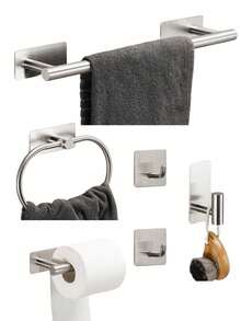 6pcs No-Drill Bathroom Hardware Set - Towel Rack, Towel Ring, Toilet Paper Holder, Robe Hook, Wall Mounted - Multicolor - View 1