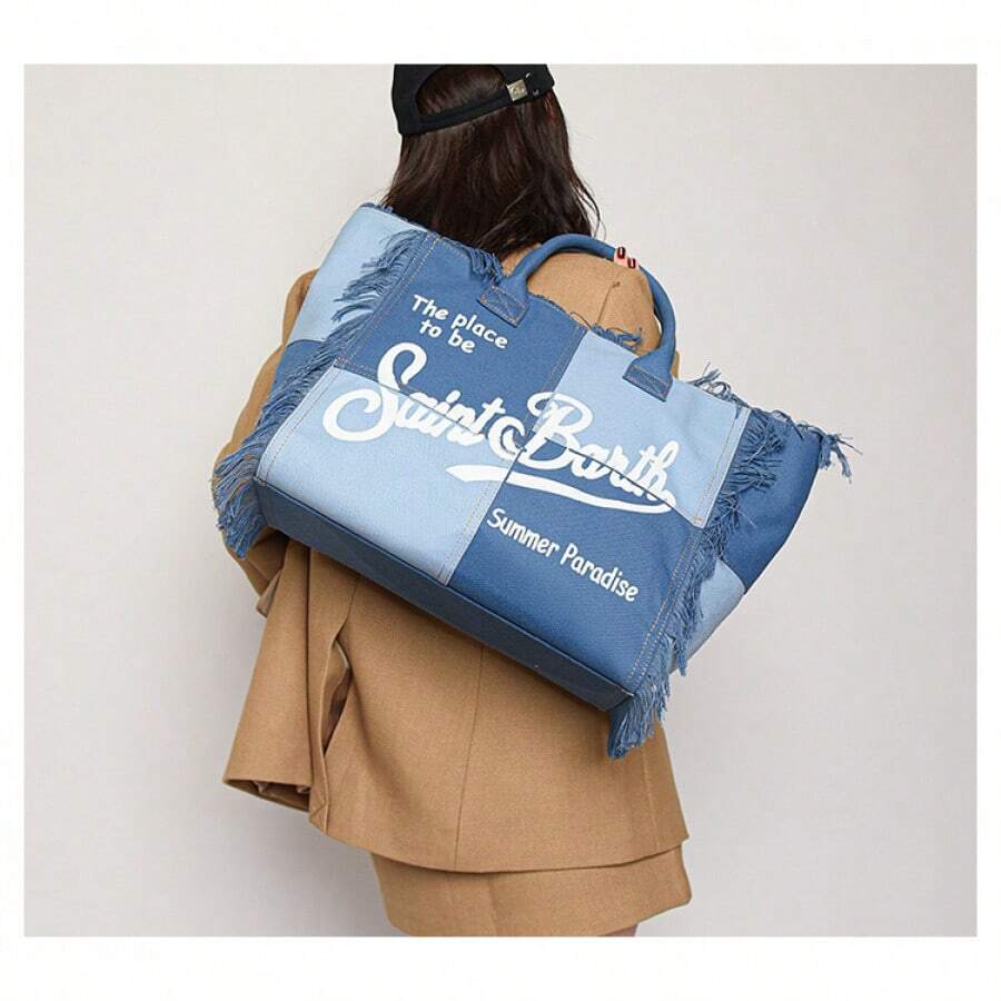 Bolso de lona grande con capacidad amplia y borlas, bolso de playa sencillo - Azul - Ver 1