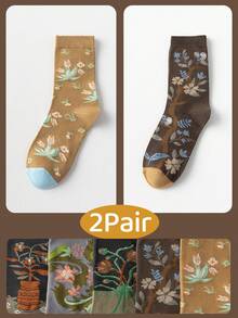 6/4/2/1 双装女士彩色3D立体花卉中筒袜，时尚可爱，春秋季棉质 - 彩色 - 查看 13