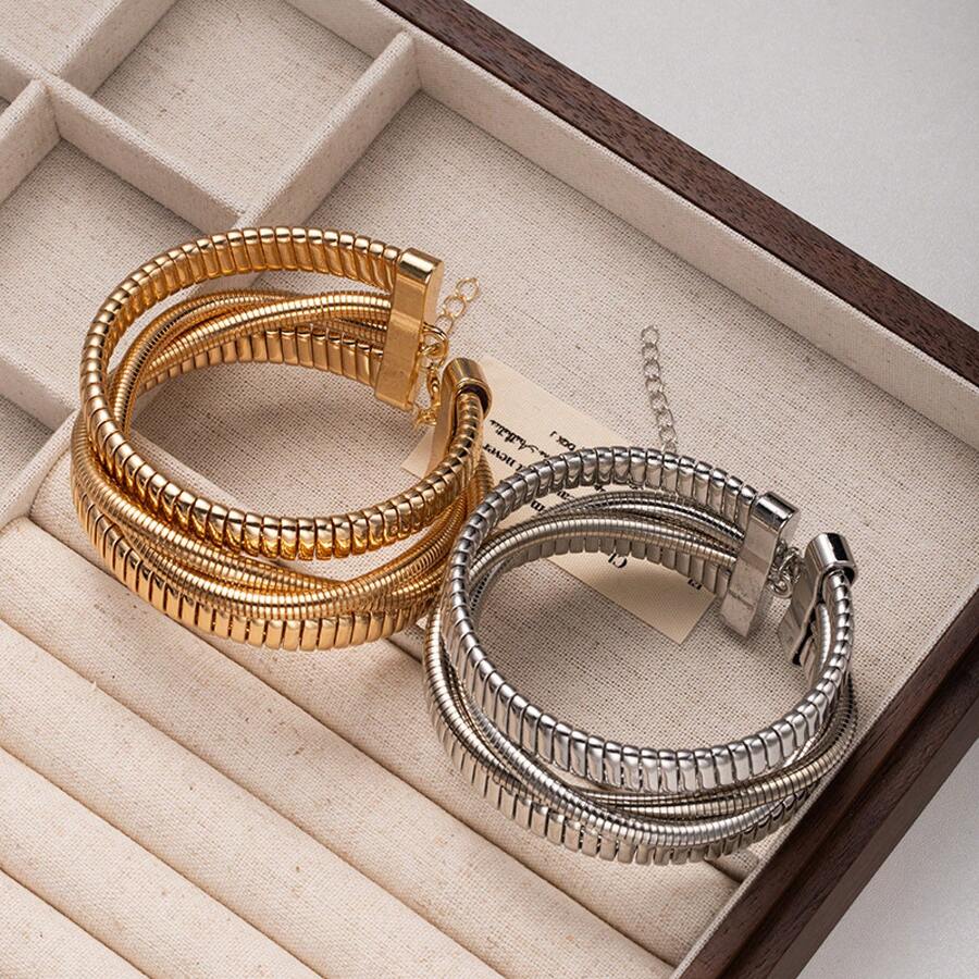 Snake Bone Tire Color Block Bracelet, Minimalist Punk Metal Spiral Bangle, Personalized Hip Hop Double Layered Circular Wristband, Unisex Jewelry For Men Women, Edgy Metal Statement Bracelet, Streetwear Fashion Accessories, Daily Wear Party Layered Wrist Jewelry, Cool Style Punk Rock Hand Jewelry - L219-1 Bạc - Xem 1