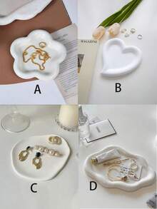 1pc Ins Style Cream White Floral Ceramic Tray, Home Desktop Jewelry Storage Dish For Earrings, Rings, Necklaces, Entryway Key Holder, High-Quality Photo Prop & Home Decor - Multicolor - View 2