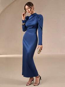 女士优雅中长连衣裙，适合秋冬季节——高领褶裥设计，不对称褶裥上身，收腰设计，哑光缎面纯色，适合派对、聚会、晚宴、圣诞节、万圣节和情人节等场合。 - 藍色 - 查看 3