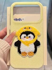 秋冬款 3D刺繡企鵝與荔枝圖案手機殼，適用於 iPhone 17 Pro Max 16 15 14 13 12 Pro Max 14 15 16 Plus 11 16 15，可愛風格，送給女孩子的禮物 - 黃色 - 查看 1