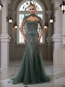 Shiny Zipper Backless Elegant Tassel Beaded Embroidered Sexy Halter Tie Waist Mermaid Evening Dress, Suitable For Wedding, Banquet, Party - Green - View 2