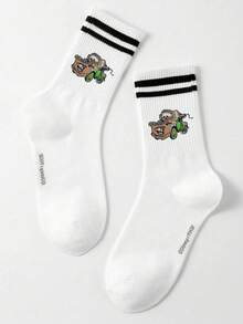 Disney 1双男士汽车提花中筒袜，运动风黑白条纹，可爱独特的卡通图案，防臭吸湿，休闲船袜，适合学生、成人日常穿着及送礼，袜子 - 白色 - 查看 2