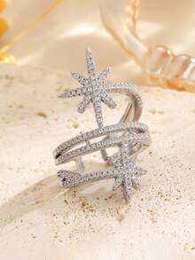 1pc Luxury Elegant High-End Crystal Octagonal Open Ring - Silver - View 4