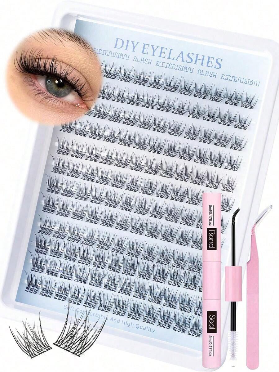 144Pcs D Curl Natural Lash Extension Kit 168Pcs Lash Clusters Kit Wispy Eyelash Extensions 8-16MM Individual Lashes Extensions With And Seal Lash Glue And Eyelash Extension Tweezers At Home - Bộ vest đen - Xem 1