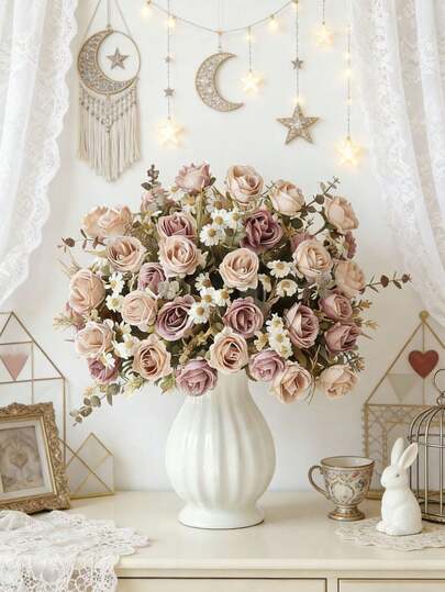 1束11.41英寸人造玫瑰花束，配小雏菊和桉树叶，适用于家居装饰、花园装饰、墙面装饰、卧室装饰、婚礼装饰、餐桌装饰、派对装饰、生日装饰、室内外装饰、情人节礼物、罗摩节装饰、春季装饰等。