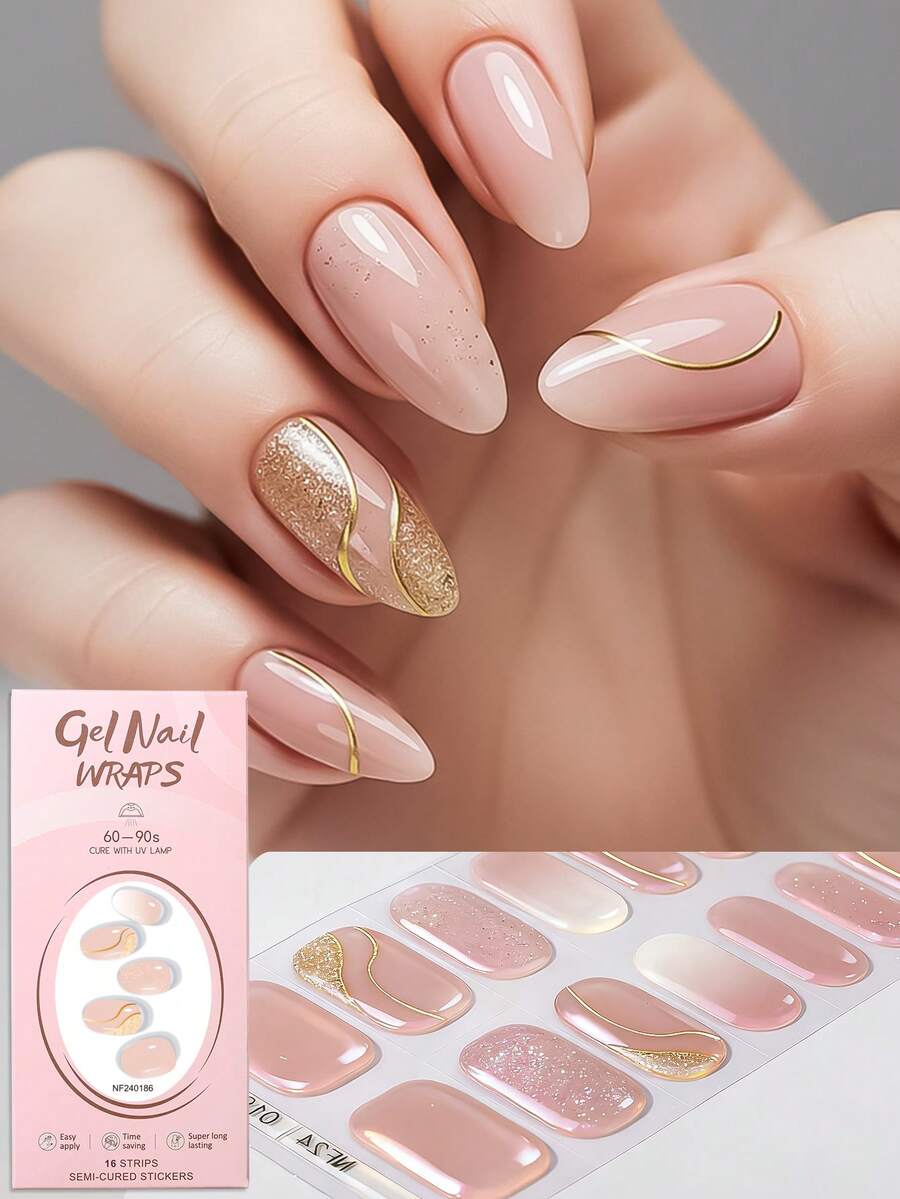 16片半固化凝胶美甲贴纸，优雅精致的裸粉色波浪金线水晶美甲贴纸，柔和色调搭配金色镶边装饰，沙龙品质，需配合UV灯使用，适合女性和女孩日常通勤、约会、节日、DIY快速美甲，时尚美甲用品。