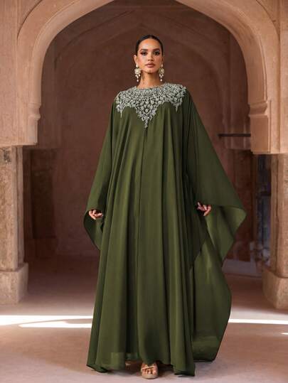 Elegant Blue Chiffon Abaya, Adorned With Silver Decor, Long Sleeve, Can Be Worn As Abaya, Party Abaya Or Formal Dress (Loose Fit - Please Check Size Chart) Spring