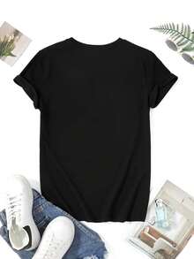 Women's Happy Fri-Yay Graphic Cotton T-Shirt, Short Sleeve Casual Tee With Colorful Letter Print, Round Neck Loose Fit Top For Weekend, S-XXXL Sizes Available - màu đen - Xem 2