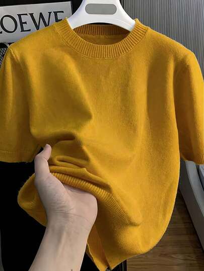 Camiseta de punto de cuello redondo de manga corta y unicolor casual de verano para hombres