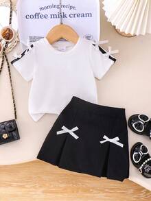 2pcs Baby Girls' Casual Cute 3D Bow Round Neck Short Sleeve T-Shirt And A-Line Skirt Set, Summer - White - View 1