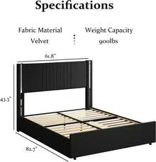 Queen Bed Frame With Headboard, Velvet Upholstered Platform Bed With Channel Tufted Headboard, Chrome Finished Wing Edge, Wooden Slats, No Box Spring Needed, Easy Assembly, Full/ Queen/ King, Black/ Grey/ White - 黑色 - 查看 8