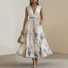 Women's Floral Print Maxi Dress Sleeveless Deep V Neck Pleated A Line Dress Elegant Evening Party Formal Wedding Guest Dresses - 藍色 - 查看 2