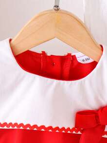 Baby Girls' Vintage Elegant Patchwork Peter Pan Collar 3D Bow Sleeveless Dress, Summer - Red - View 4