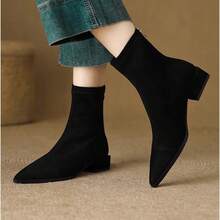 Botas  de Tacón Cuadrado Elegantes con Punta para Mujeres 2025 Invierno Nuevo Estilo Francés Versátil Moda Botas Cortas Cálidas con Forro de Felpa - Forro polar negro - Ver 2