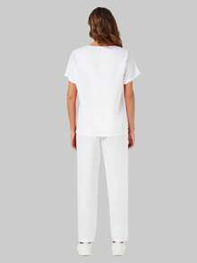 Worker Uniform Set: V-Neck Short Sleeve Top And Pants White Spring - White - View 2