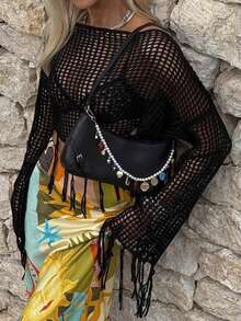 Live To Mo Women Summer Sexy Hollow-Out Sheer Crop Top, Black Knit Top Crochet Cover-Up, Perfect For Beach Vacation & Poolside Outfits - Black - View 2