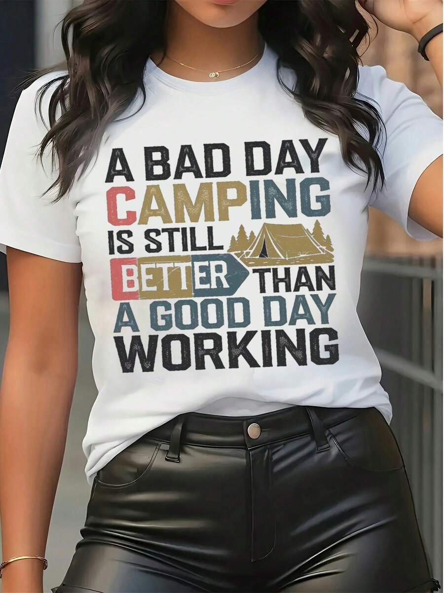 Women's Camping Graphic Tee "A Bad Day Camping Is Still Better Than A Good Day Working" Vintage Letter & Tent Print Short Sleeve Crew Neck Casual T - Shirt - 白色 - 查看 1