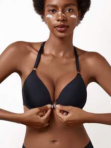 Sujetador con cierre delantero y aros - Push Up, diseño cómodo de espalda de tirantes - Negro - Ver 7