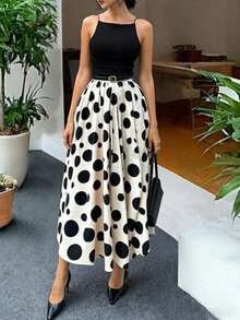 2026春夏新款优雅米色黑波点中长连衣裙 | 高腰喇叭下摆宽松版型，配金属扣腰带 | 适合派对、通勤、约会、毕业典礼及其他夏季场合 - 黑與白 - 查看 5