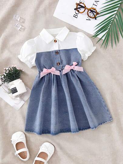 Girls' Denim Patchwork Dress, White Woven Fabric + Denim, Collared, Lantern Sleeve, Cute Butterfly Decor, Casual Spring/Summer Dress For Girls